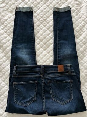 Dark Wash Skinny Jeans - Leather Patch Waistband